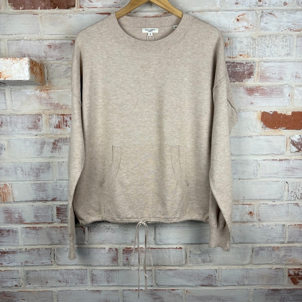 NWT Max Studio London Medium Lightweight Pocket Sweater Oatmeal Tie Hem Pullover